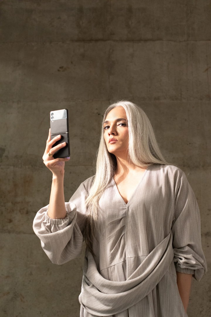 Asagao long dress in linen feat. attached drape