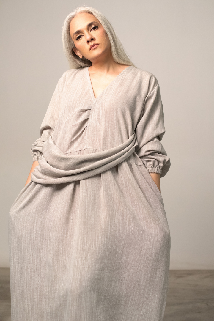 Asagao long dress in linen feat. attached drape
