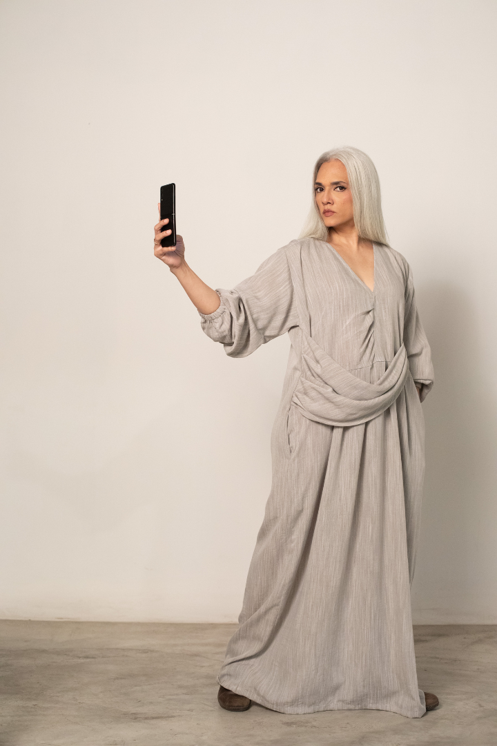 Asagao long dress in linen feat. attached drape