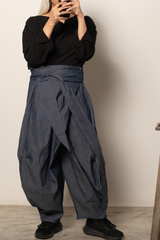 Tsukushi ,Samurai style balloon pants in light weight blue denim and eggshell cotton