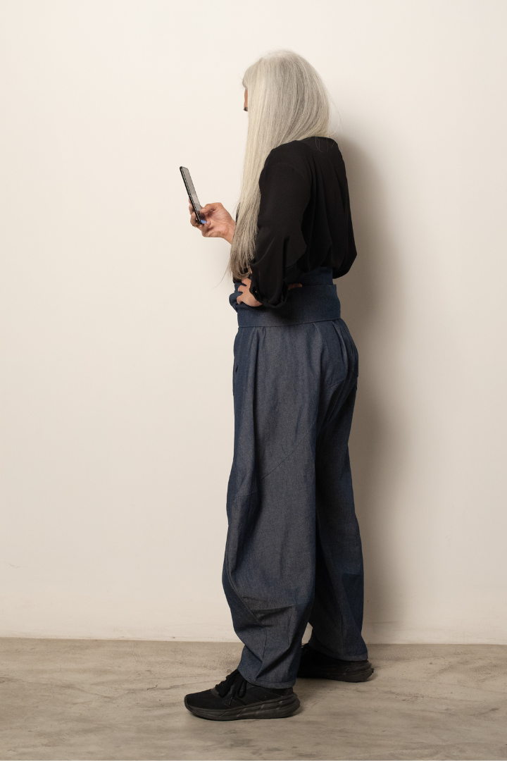 Tsukushi ,Samurai style balloon pants in light weight blue denim and eggshell cotton