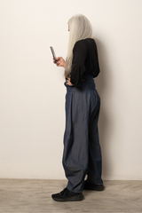 Tsukushi ,Samurai style balloon pants in light weight blue denim and eggshell cotton