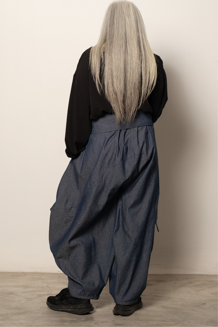 Tsukushi ,Samurai style balloon pants in light weight blue denim and eggshell cotton