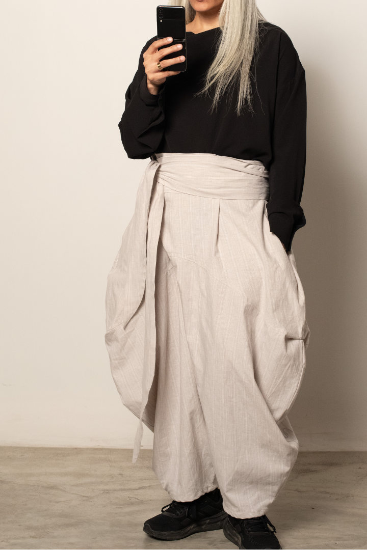 Tsukushi ,Samurai style balloon pants in light weight blue denim and eggshell cotton