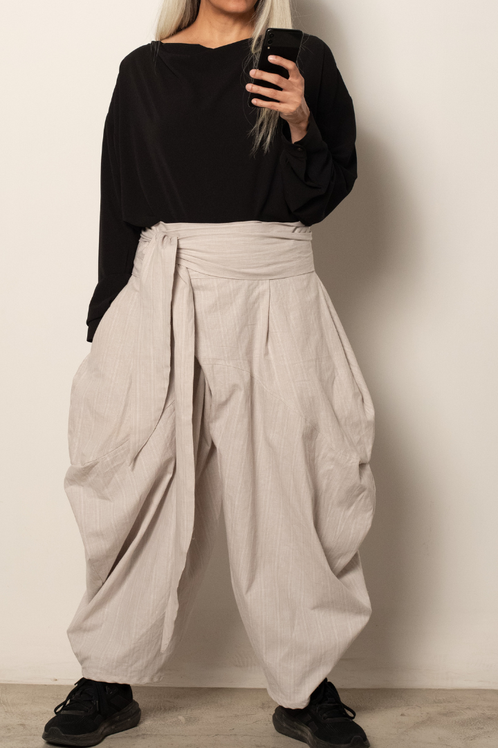 Tsukushi ,Samurai style balloon pants in light weight blue denim and eggshell cotton